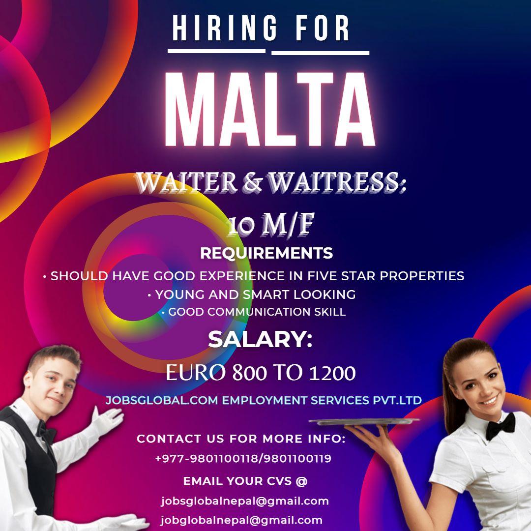 Waiter & Waitress job in Malta - 10 M/F