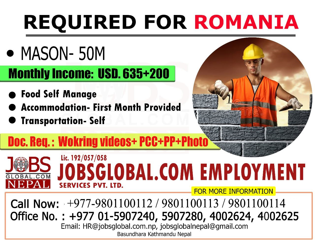 Jobs Global.com Emploment - Romania Requirements-:Mason