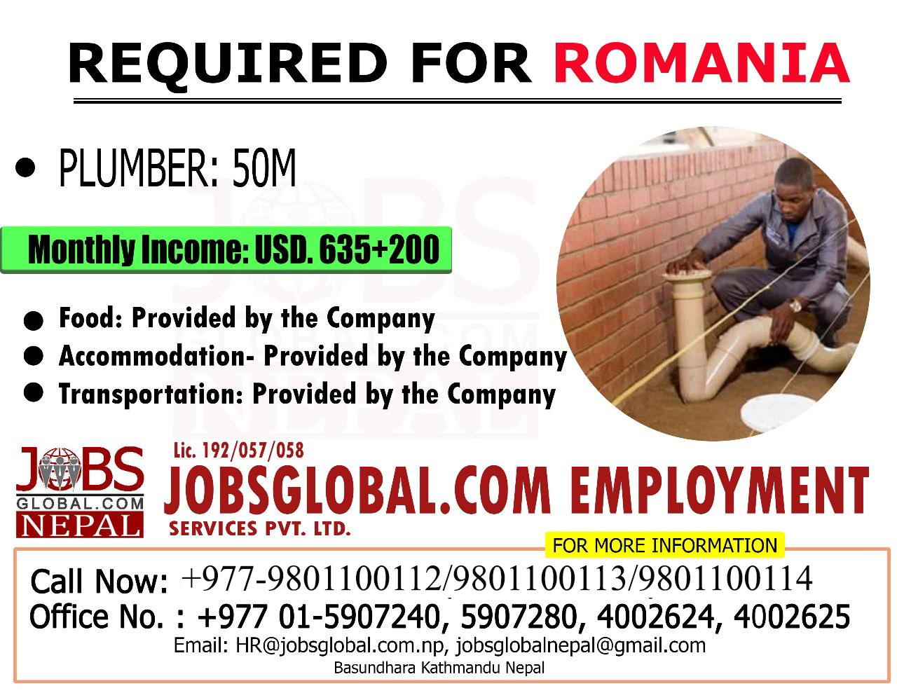 Jobs Global.com Emploment - Romania Requirements-:Plumber