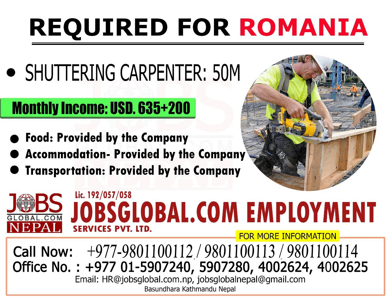 Jobs Global.com Emploment - Romania Requirements-:Shuttering Carpenter