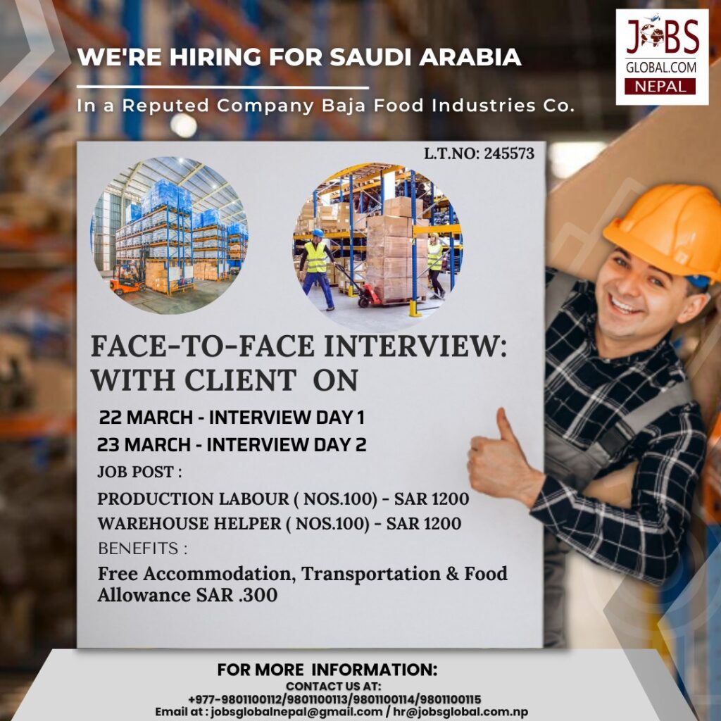 Job Demand From Saudi Arabia, Labor Job Vacancy for Saudi Arabia From JobsGlobal. Com Employment NEPAL - Various Position job in Saudi Arabia