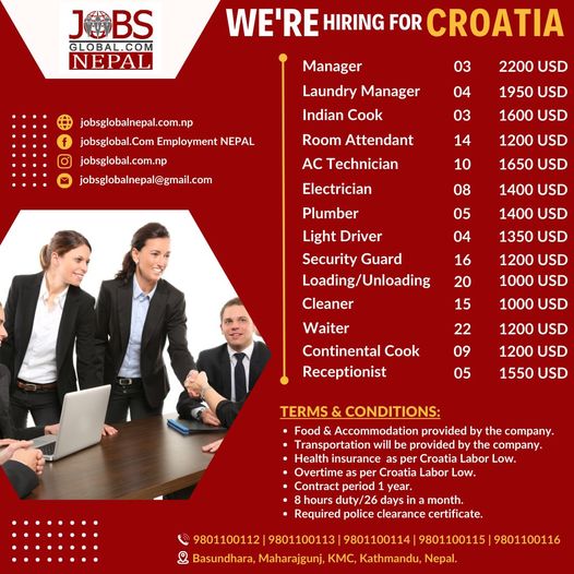 Job Demand From Croatia, Job Vacancy for Croatia From JobsGlobal. Com Employment NEPAL - Various Position job in Croatia