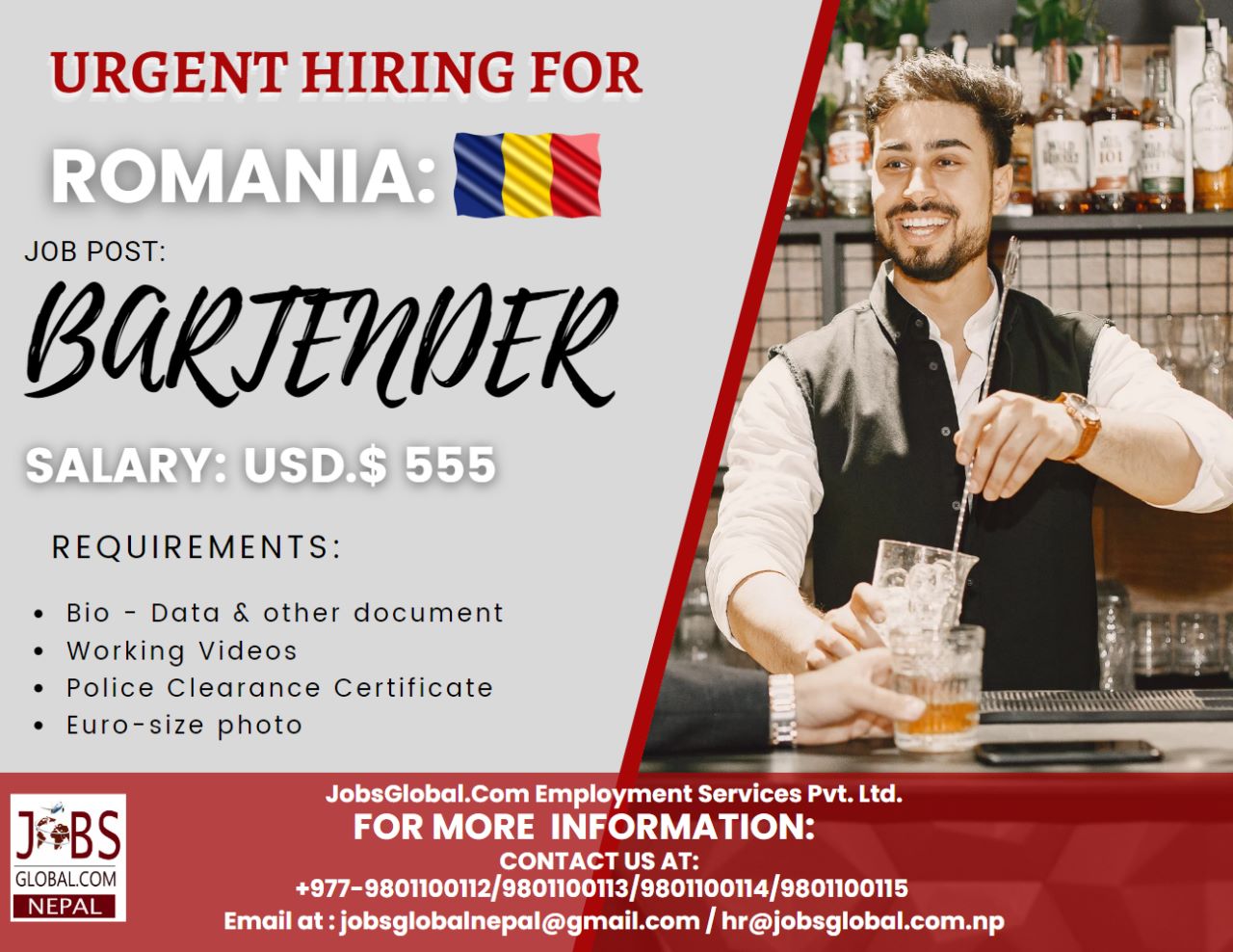 Job Demand From Romania, Job Vacancy for Romania From JobsGlobal. Com Employment NEPAL - Bartender job in Romania