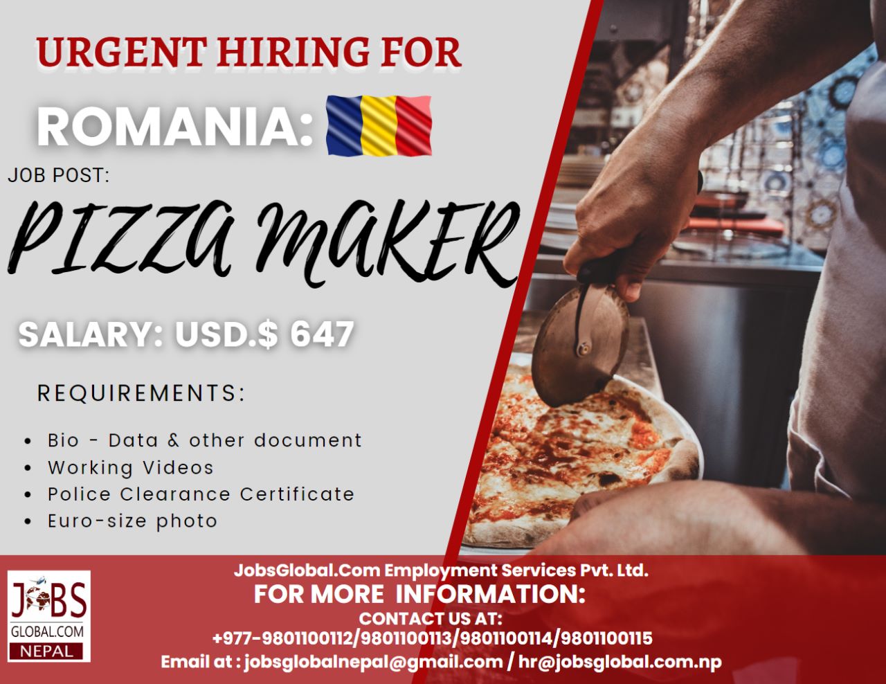Job Demand From Romania, Job Vacancy for Romania From JobsGlobal. Com Employment NEPAL - Pizza Maker job in Romania