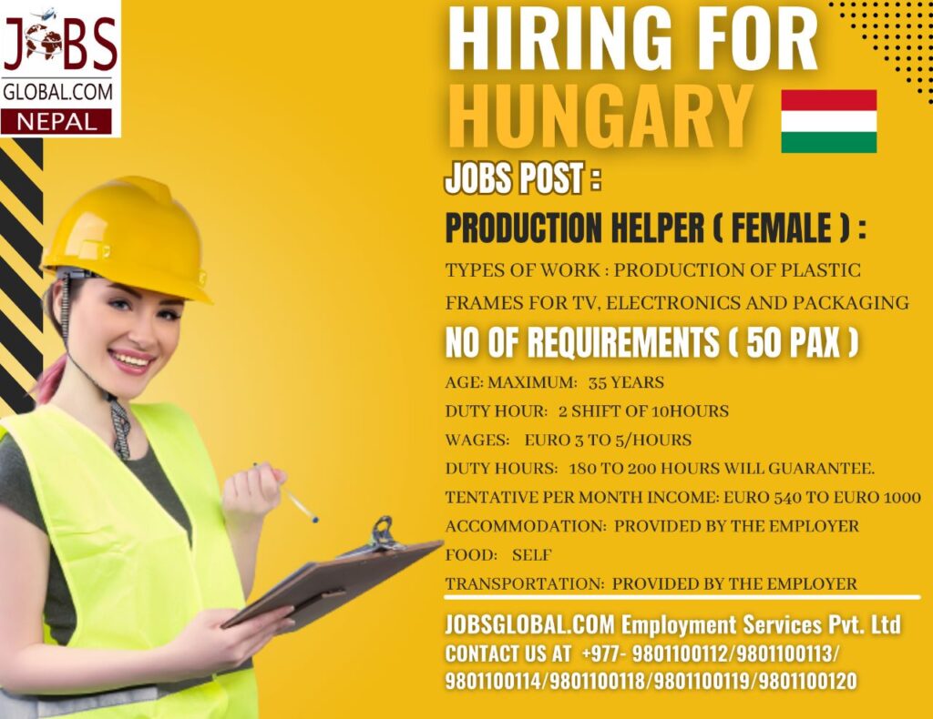 Nepal Recruitment Opportunity in JobsGlobal.Com Employment NEPAL - Production Helper (Female) job in Hungary