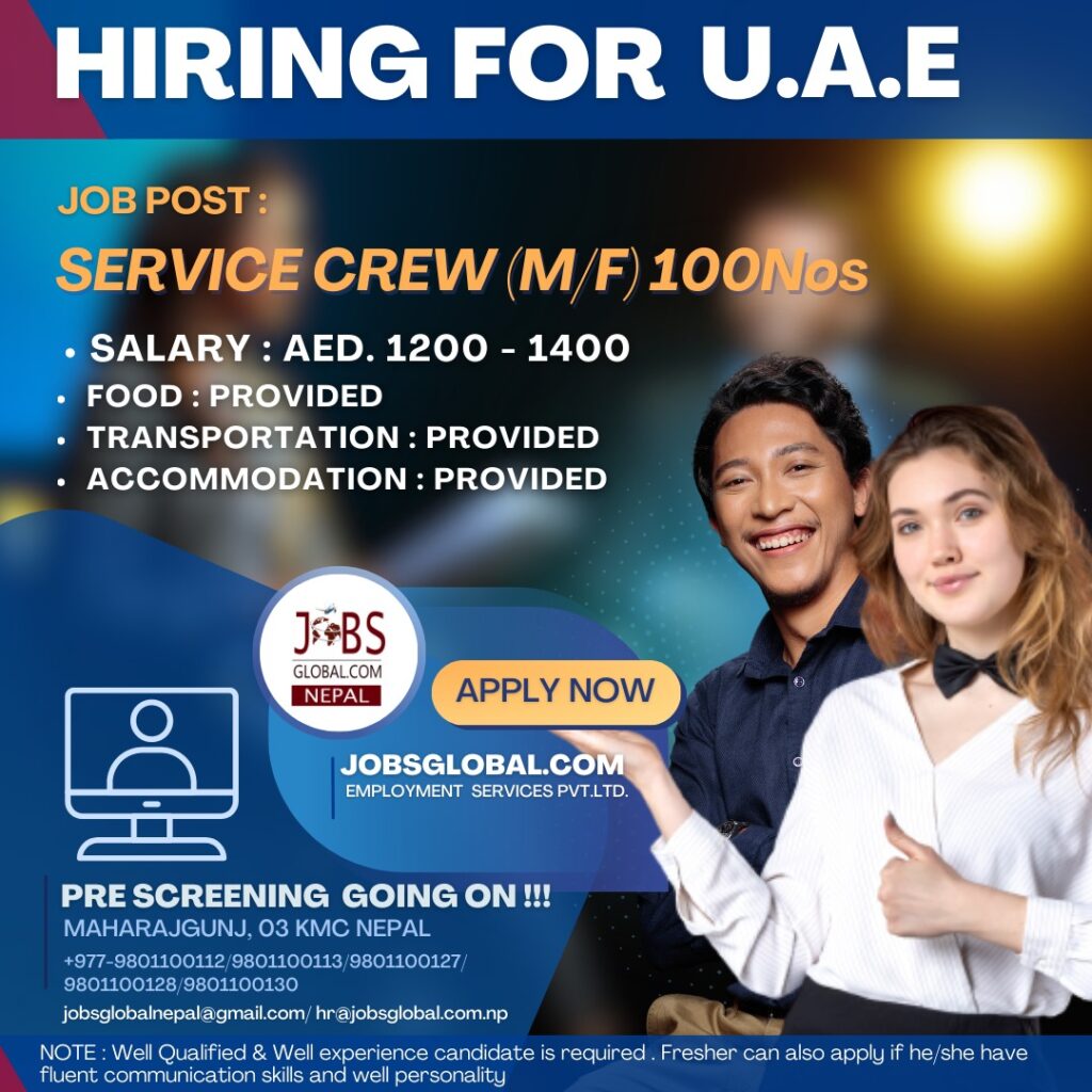 Service Crew Job Demand From UAE, New Job Vacancy for UAE in Service Crew Position (100)
