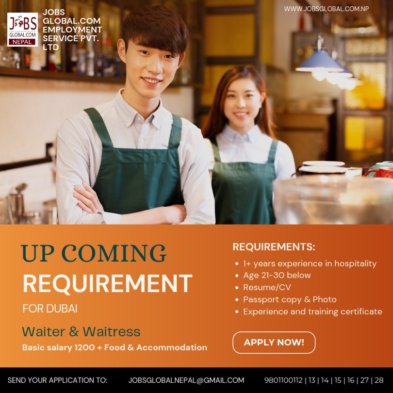 Waiter & Waitress From Dubai, New Job Vacancy for Dubai in Waiter & Waitress